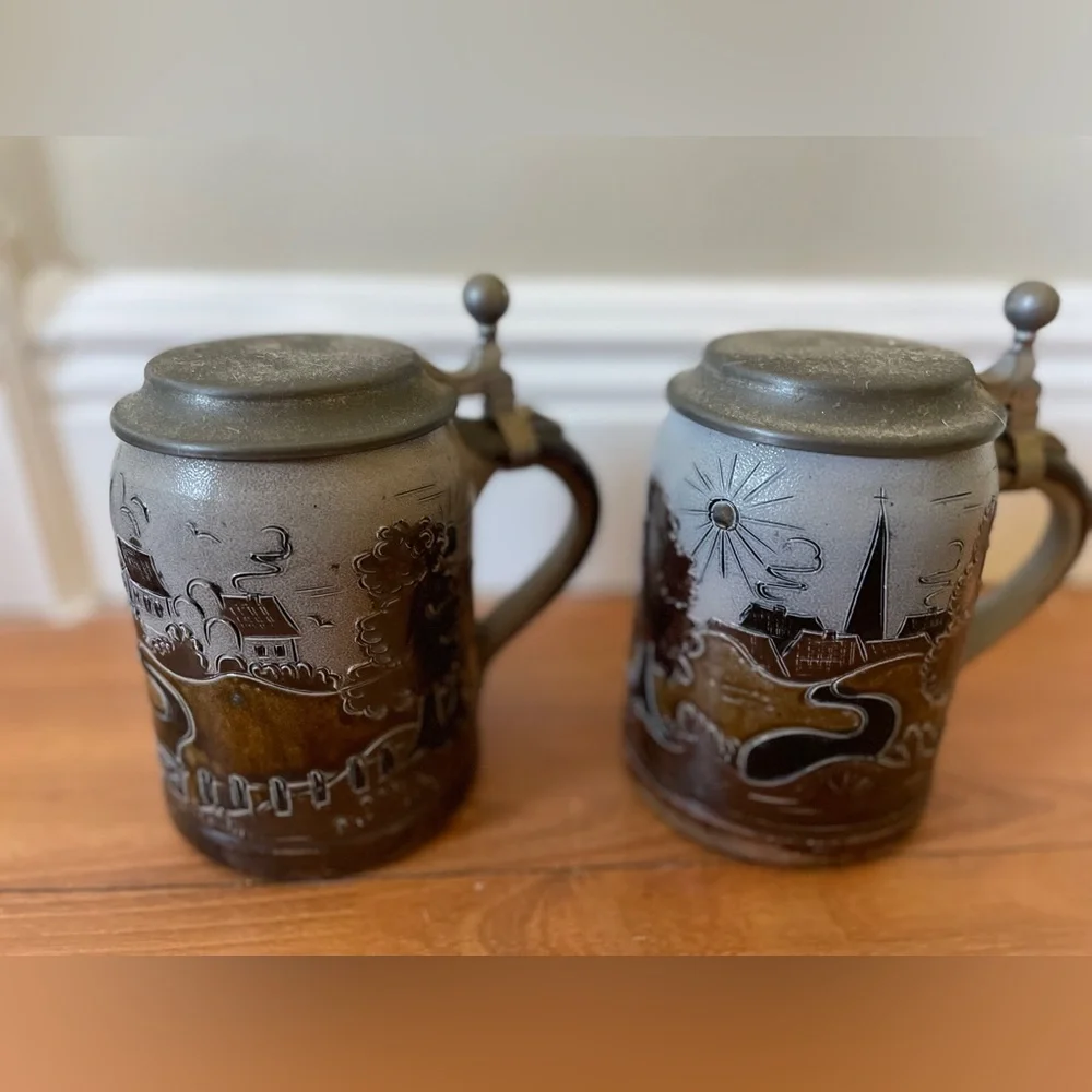 Vintage German Beer Steins / Mugs with Pewter Lids - Handarbeit B.E. - Set of 2